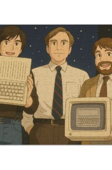 Retro Tech Jigsaw Puzzle with Tin - A young Steve Wozniak, Steve Jobs, and John Sculley introduce the Apple llc, circa 1984 Ghiblified